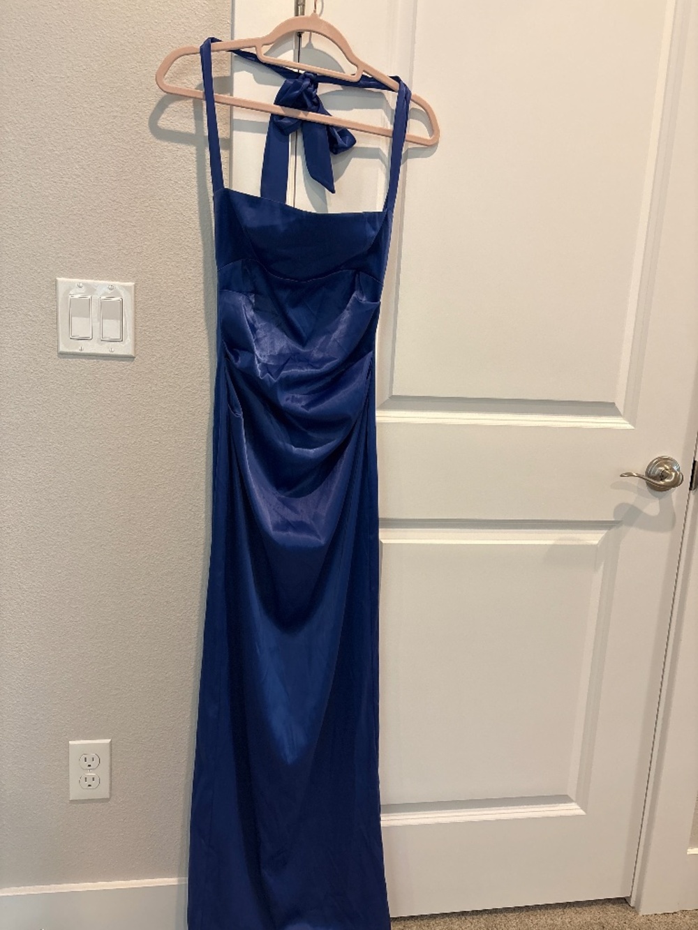 Lucy in the Sky Satin Halter Maxi Dress in Blue Size Small